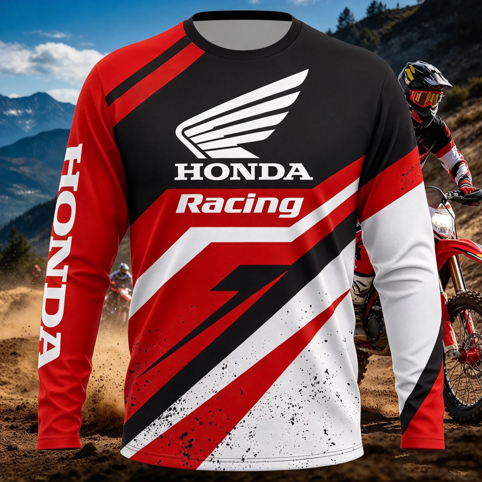 Motocross Neues Trendiges Herren- und Damen-Motociclista Biker Honda Schnelltrocknendes Atmungsaktives Langarm-T-Shirt für Motorradfahrer – Detail 3