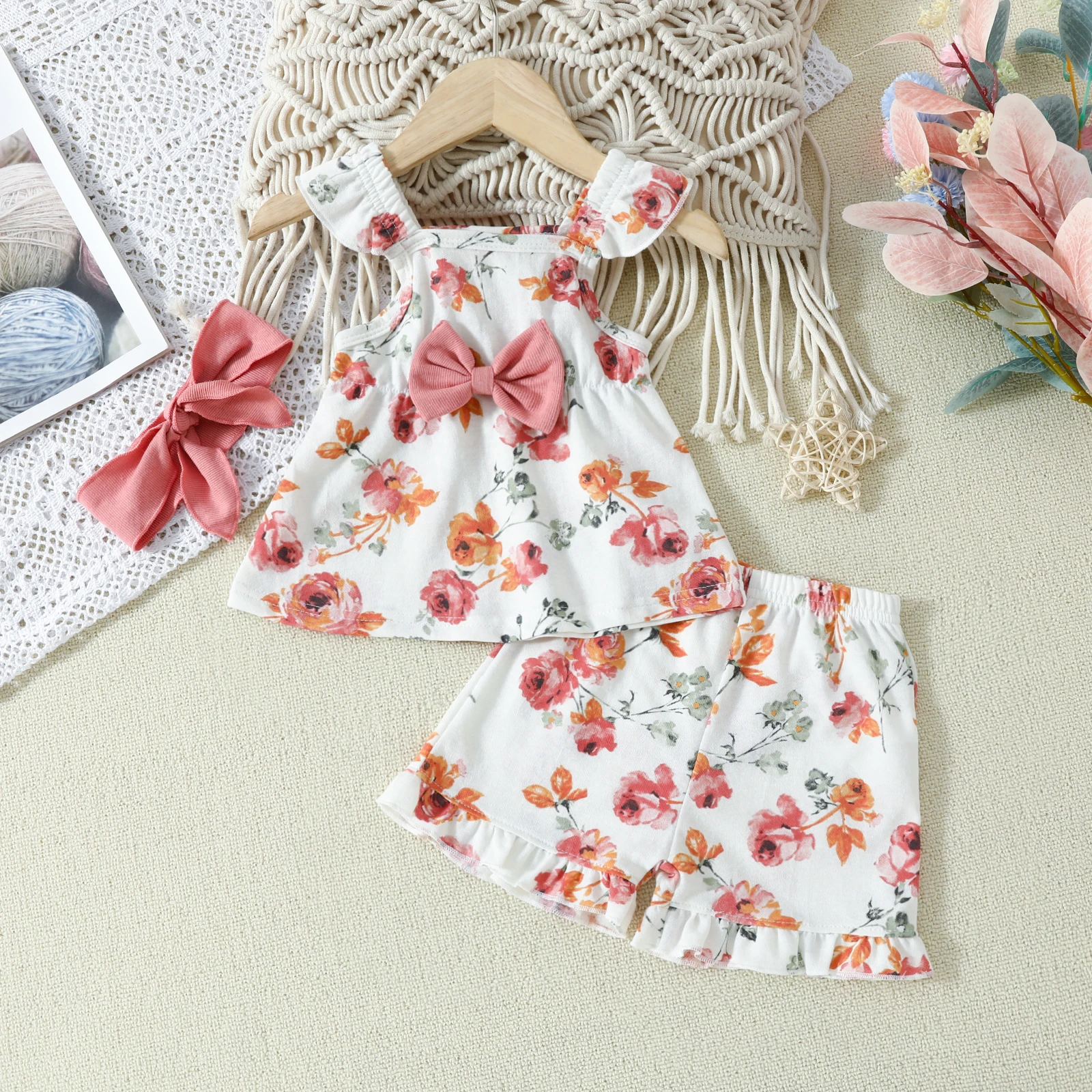 

Girls Floral Halterneck Set Pink Rose Print with Large Bow Summer Fashion Cute Soft Outfit for Baby Girls