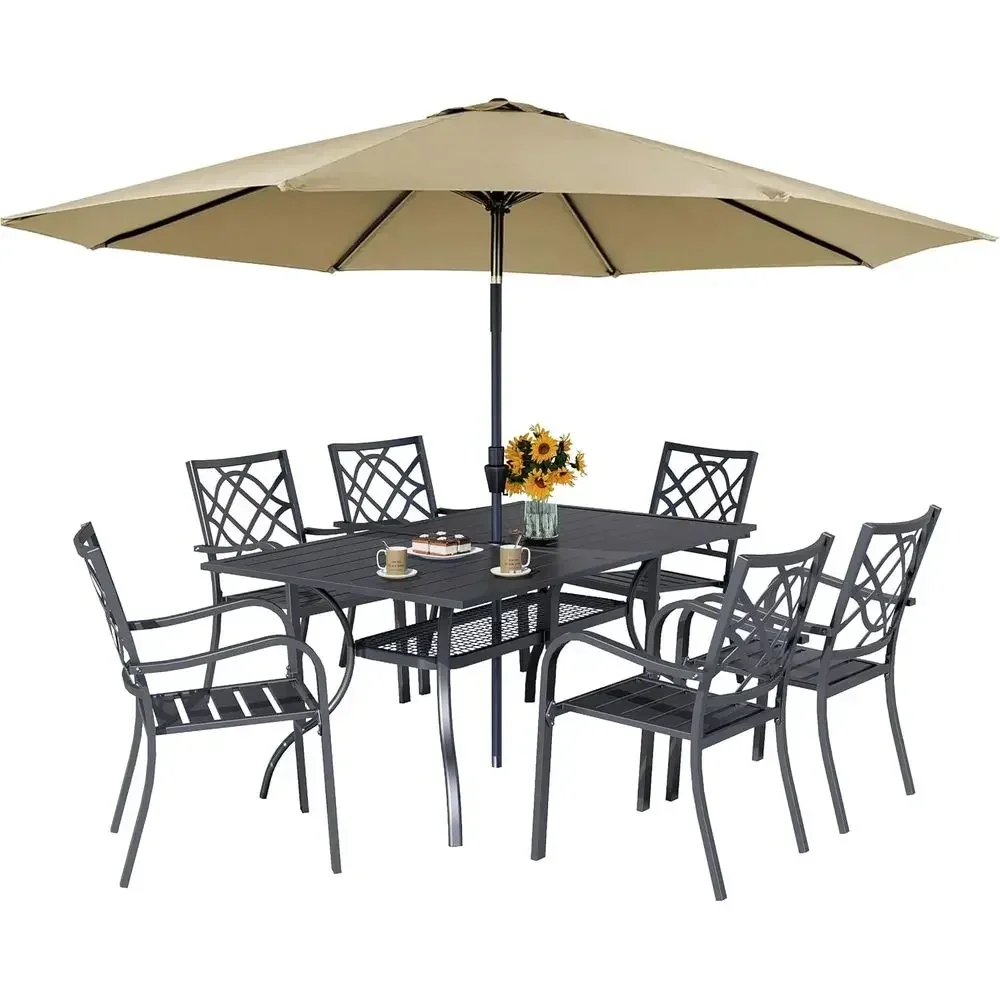 7-Piece Patio Dining Set with 6 Stackable Chairs and Round Outdoor Table, Khaki Umbrella