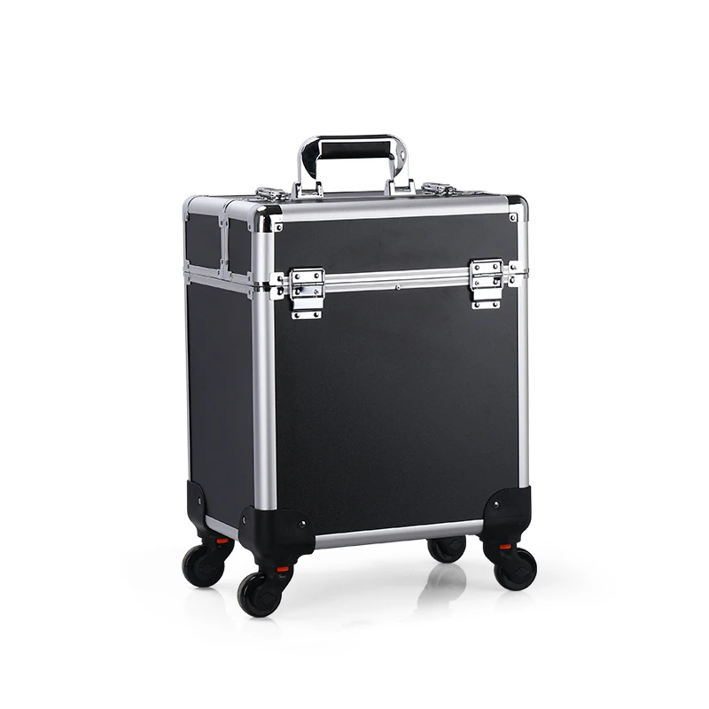 Aluminum Rolling Makeup Case Lockable Cosmetic Salon Organizer Trolley Case With Trays