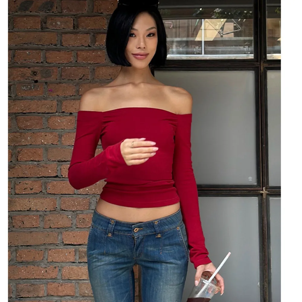 VanessaLab New French Sexy Wine Red One Long Sleeve Bottom Shirt For Women's Design Sense Autumn Off Shoulder Top