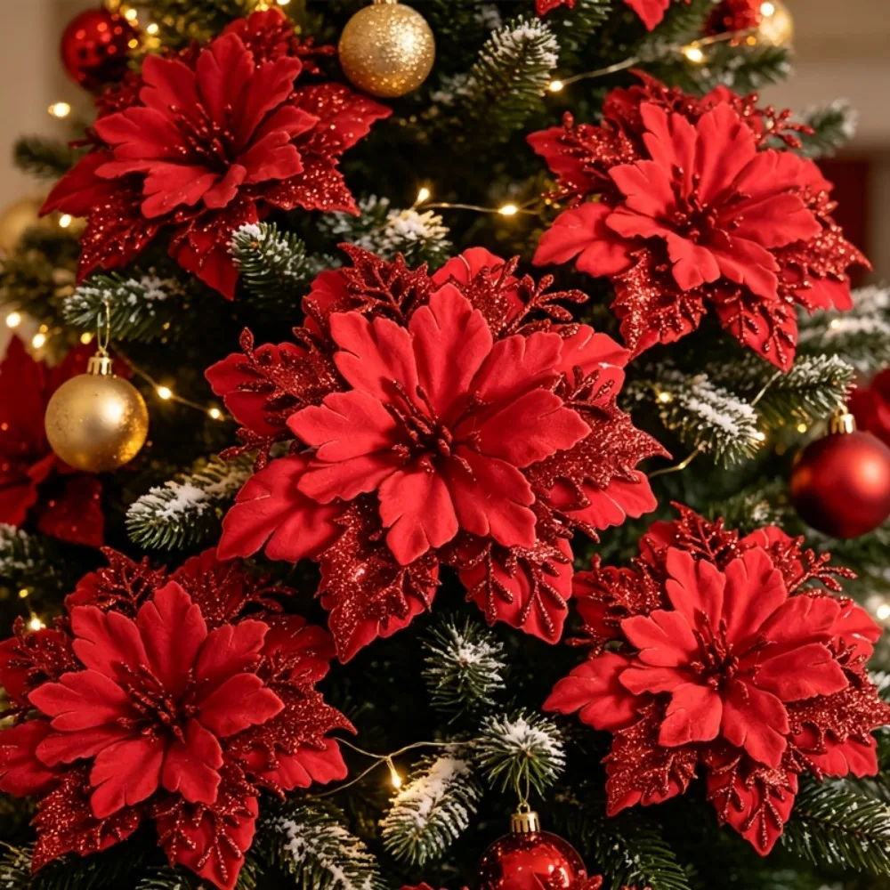 24 Piece Set of Glittery Artificial Poinsettias Including 12 Flowers and 12 Stems Featuring A Three Layer Handcrafted Design
