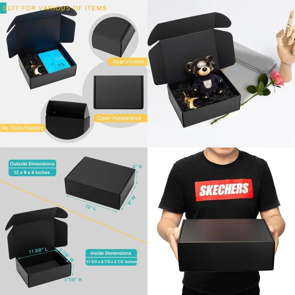 

24-Pack 12x9x4 Inch Black Cardboard Shipping Boxes with Tab Lock Closure for Small Business Mailing and Packaging Supplies
