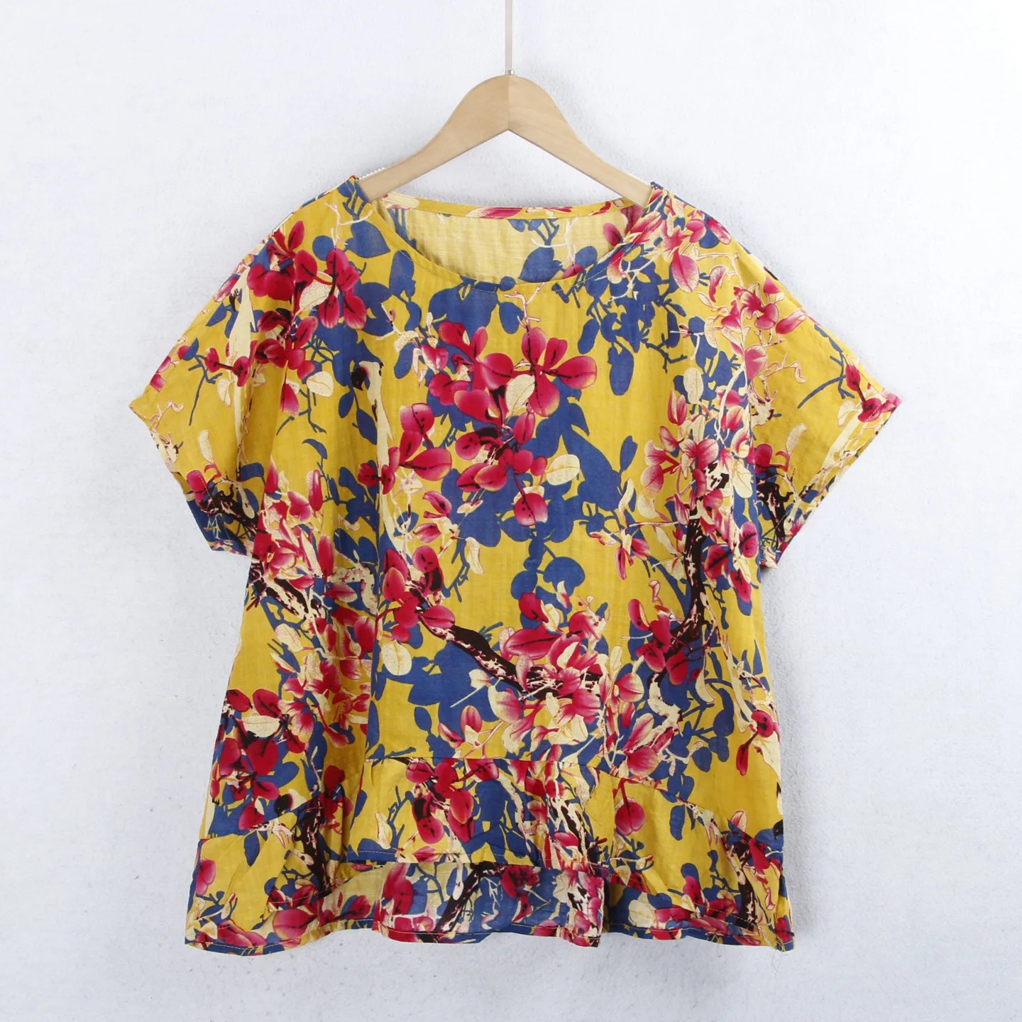 

Cotton Linen ort Sve irt Summer round Ne Printed Thin Faionable Women's Breathable Light Weight Floral Print Blouse