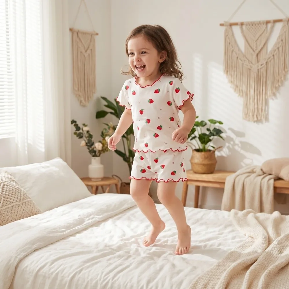Strawberry Girls Pajama Set T-shirt and Shorts Soft Fabric Short Sleeve Pajama Set Breathable Organic Cotton Two Piece Pajamas