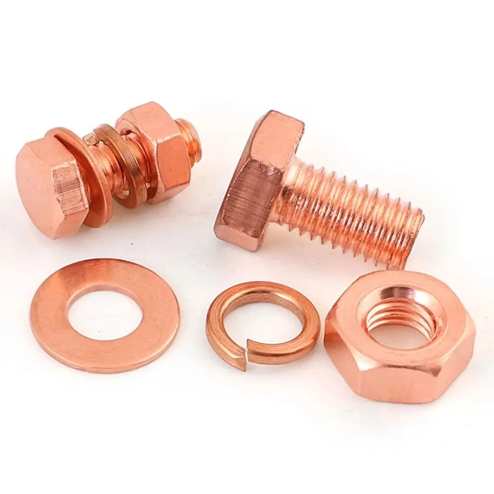 2-5Sets M3-M16 Red Copper Hex Bolt Set T2 Red Copper 6-130mm External Hexagonal Bolt Flat Washer Spring Washer