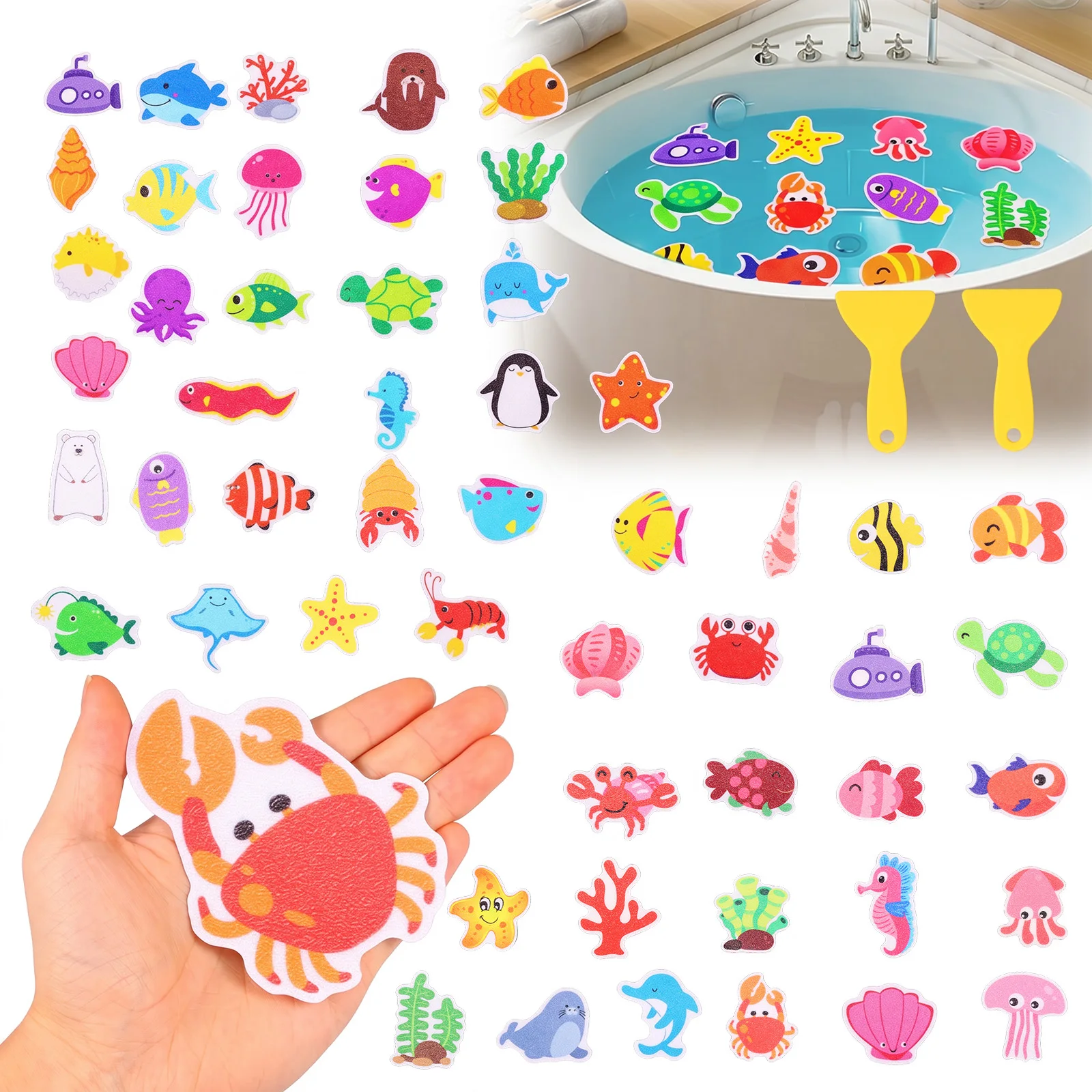 

50 Pcs Non Slip Bathtub Stickers Sea Animal Bath Safety Decals with Scraper Waterproof and Long Lasting Anti Slip Shower Treads