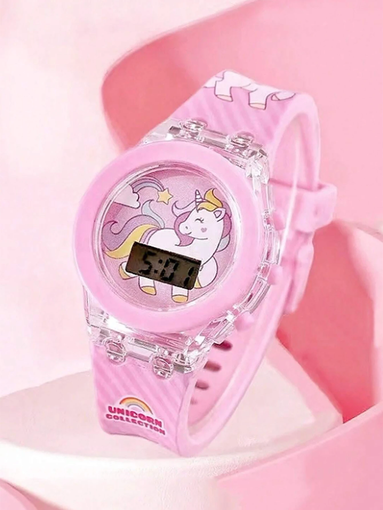 2PCS pink Unicorn silicone children\'s electronic watch and acrylic unicorn beaded bracelet set as a gift for children