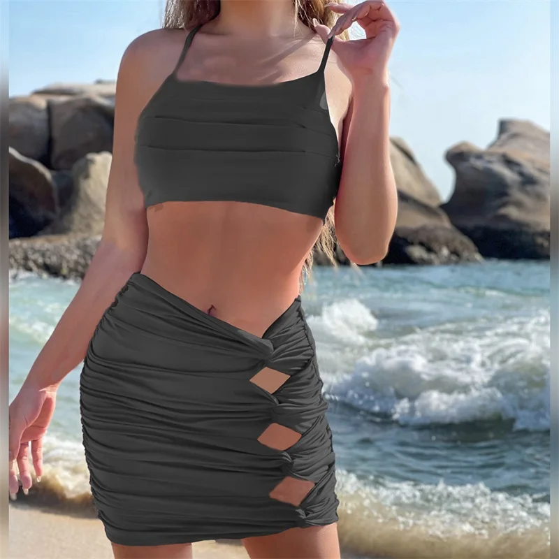 Vestido de baile de verão feminino, conjunto de 2 peças, sutiã superior e minissaia curta, sem mangas, gostosa, casual, diário, vestido de festa na praia, branco