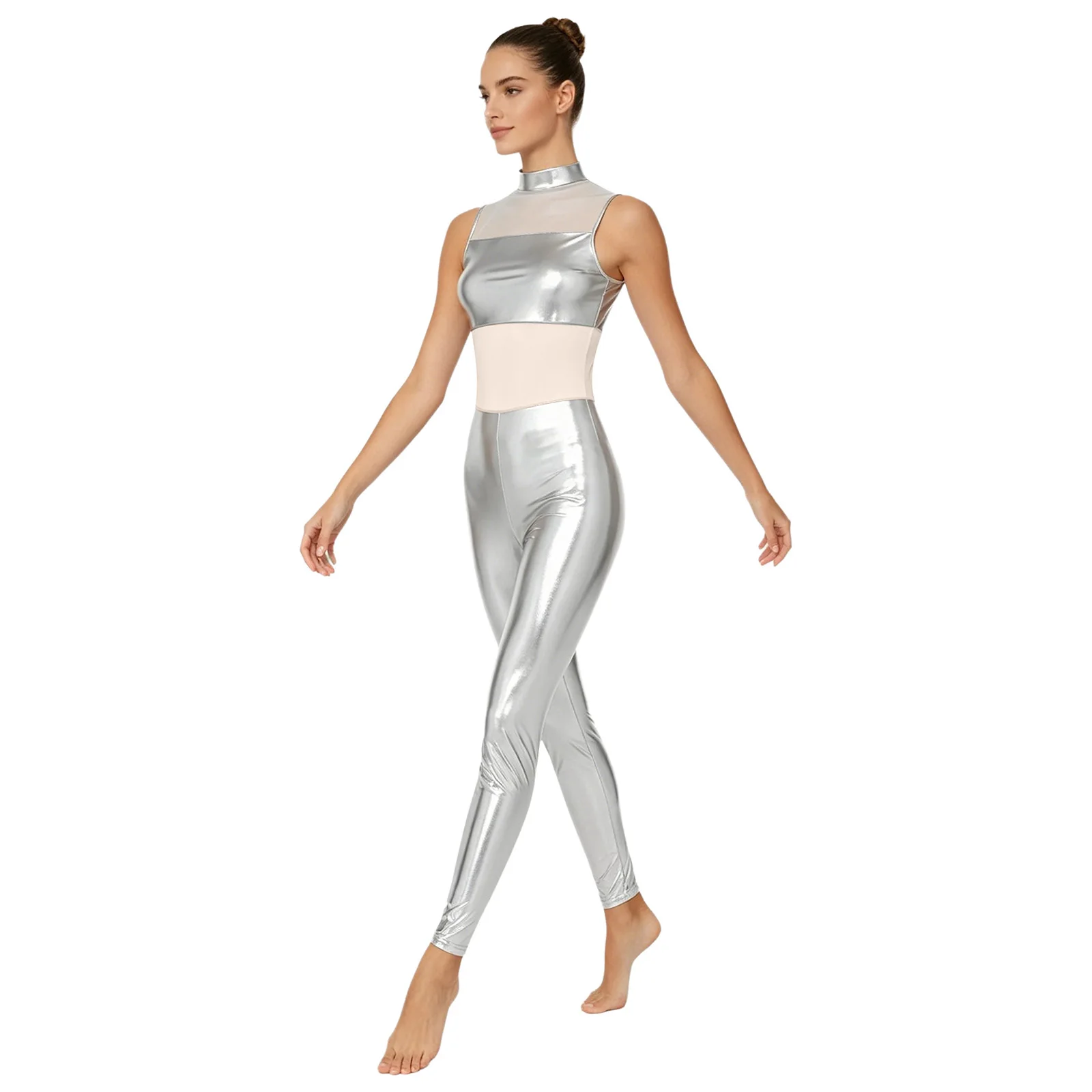 Women Ballet Dance Jumpsuits Full Body Leotards Sheer Mesh Patchwork Dance Jumpsuit Unitard Yoga Gymnastics Leotard Dancewear
