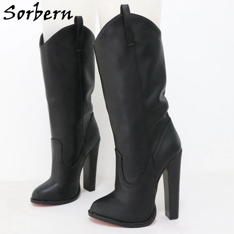 

Sorbern Black Matt Block Heel Boots Women For Strephenopodia 0Cm Platform Inside 1.2Cm Platform Outside Chunky Heel Pointed Toe