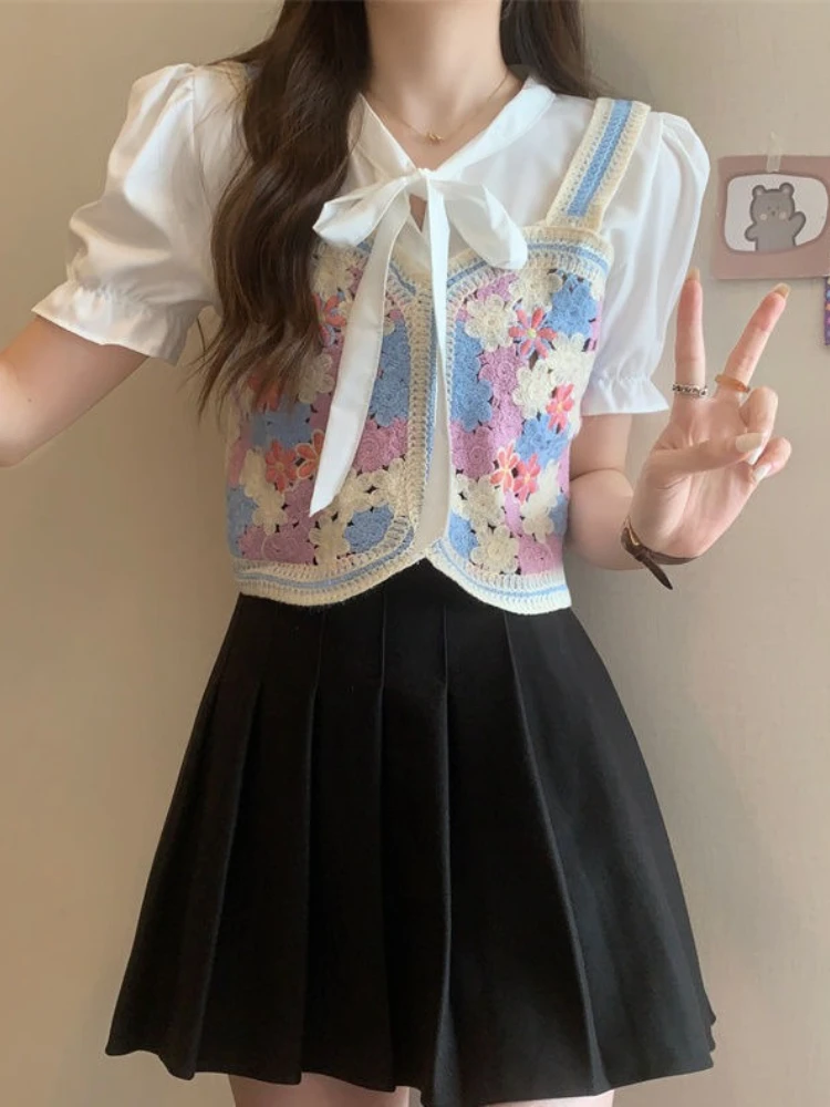 

Fashion Sweet Blouses Fake Two Piece Knit Patchwork Crop Tops Bow Puff Sleeve Shirts Summer Female Slim Design Women's Clothing