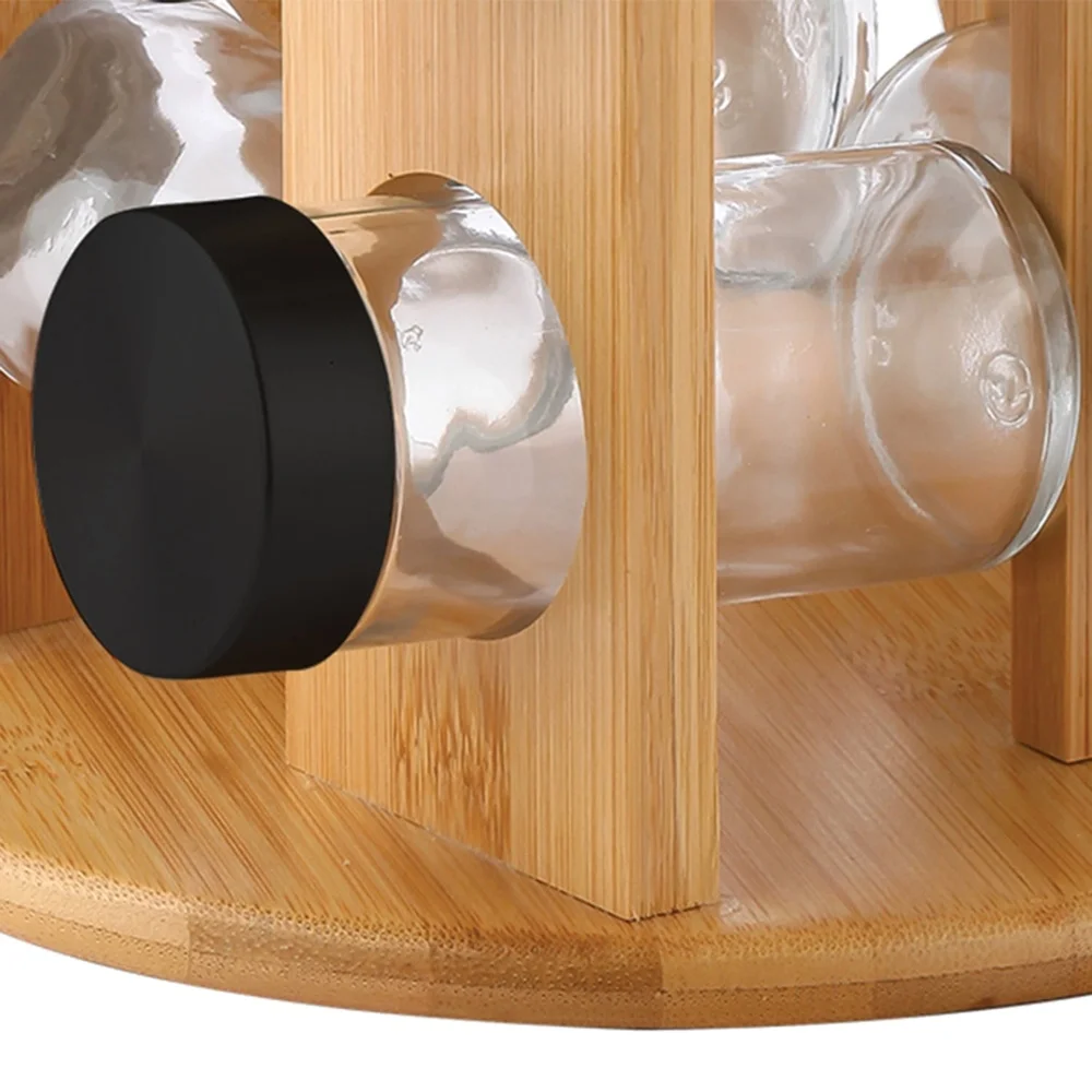 12 Jar Spice Rack Organizer Rotating Base Kitchen Storage Compact Stackable Wood and Glass Design See Through Spice Container