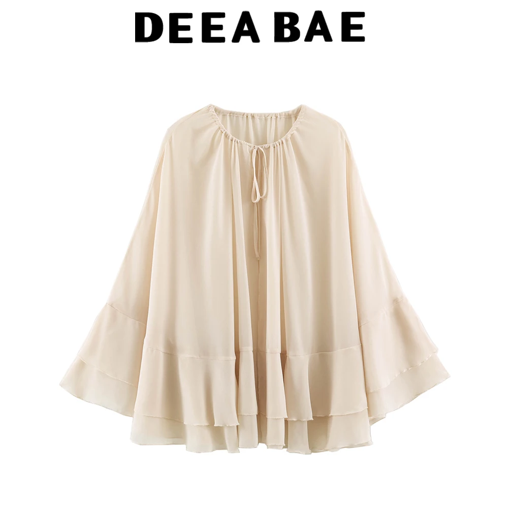 DEEABAE 2026 summer new women's round neck bow tie layered semi transparent ruffle edge shawl jacket