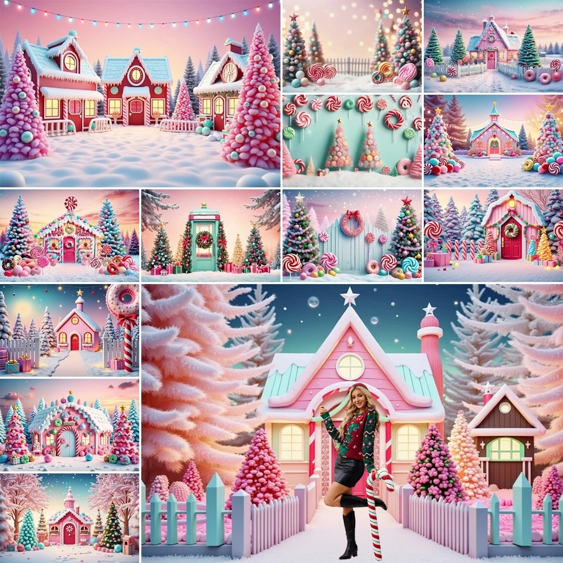 

MOON.QG Whimsical Pink Christmas Village Backgrounds For Photographs Snow Candy Trees Cottages Backdrop Photozone Wallpaper