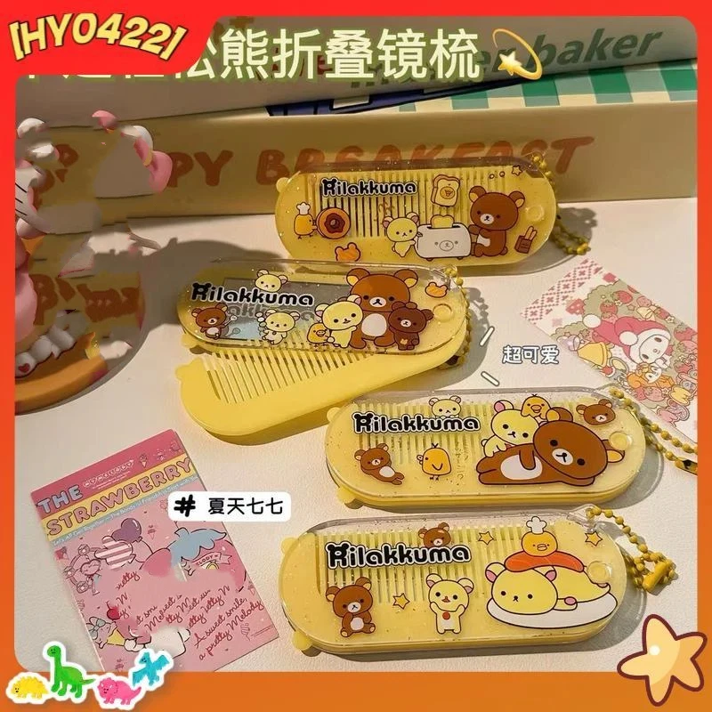 Rilakkuma Cute Cartoon 2 In 1 Folding Comb Mirror Portable Compact Women Girls Hair Brush Massage Smoothing Mirror Comb Set For view 2