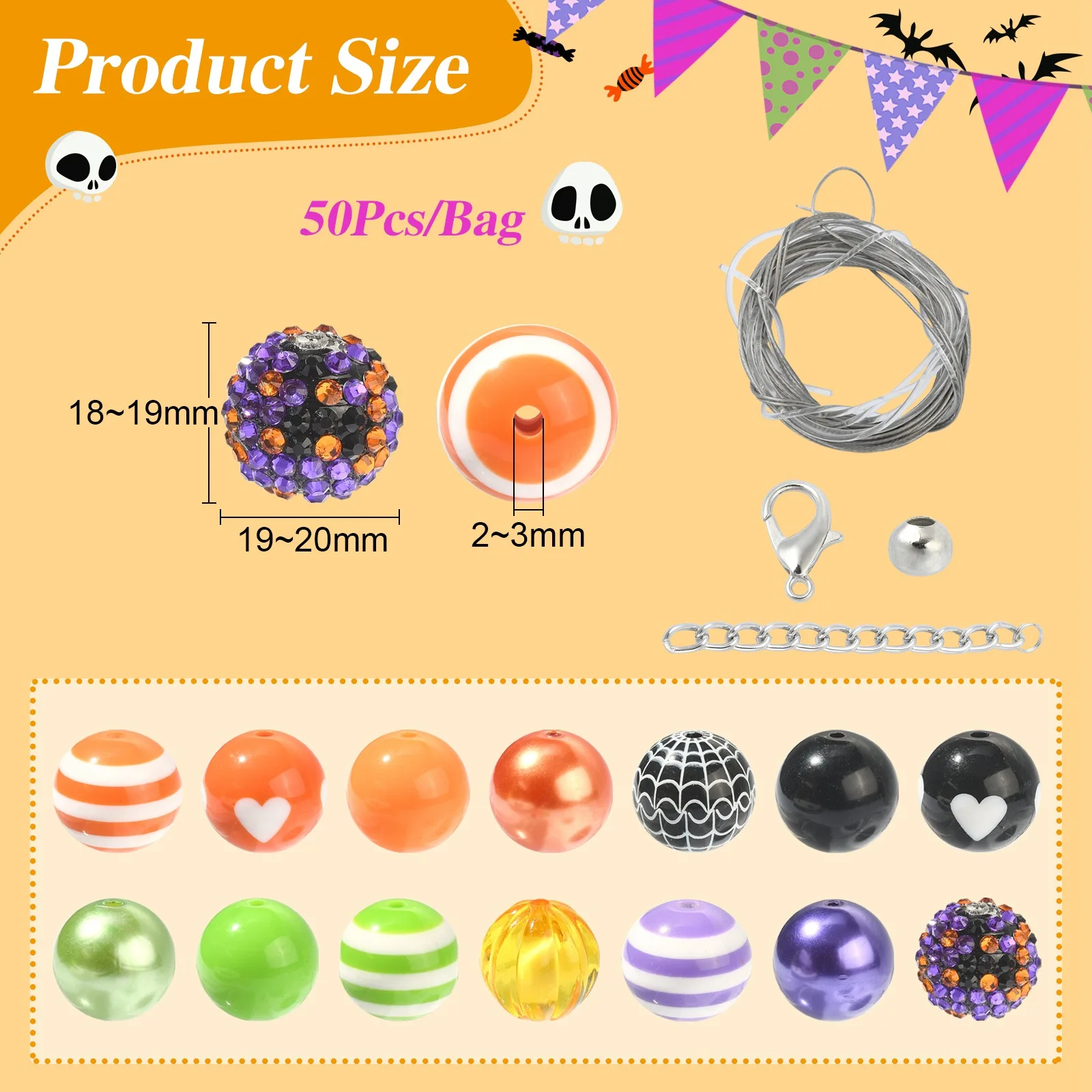 PandaHall 50 pz stili misti 20mm acrilico Halloween Bubblegum beads ragnatela cuore perline rotonde per gioielli Festival che fanno fai da te