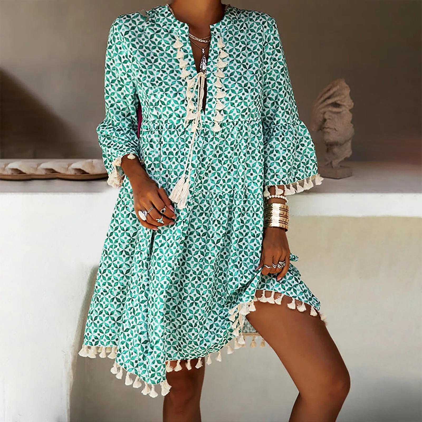 Women Summer Boho Floral Print Dress V Neck
