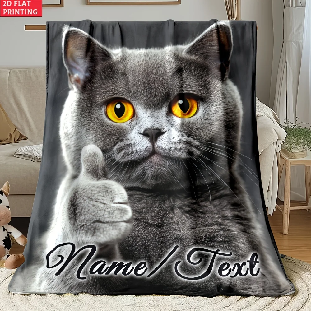 Custom Cat Blanket Funny Thumbs Up Grey Cat Fleece Throw Personalized Name Text Gift Soft Warm All Season Decor