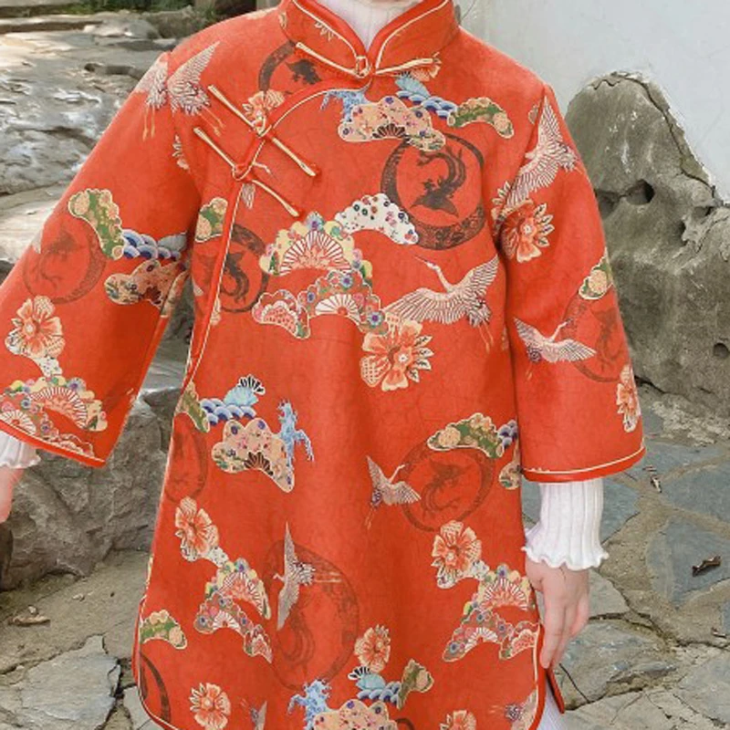 2022 New Year Kids Cheongsams Chinese Traditional Children Qipao Hanfu Geese Printed Long Sleeve China Style Girl Vintage Dress