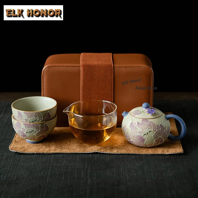 

Pure Hand-painted Nine-tailed Fox Firestone Red Travel Tea Set Kit Japanese 1 Pot 2 Cup Tea Making Organizer Portable Handbag