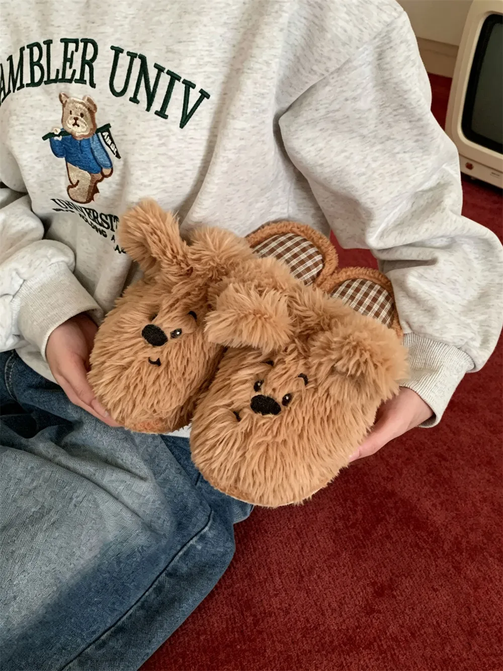 2026 New Parent Child Cute Dog Plush Cotton Slippers Winter Closed Toe Warm House Shoes For Whole Family Fluffy Indoor Slippers