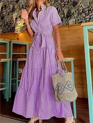 2024 Autumn Women's New Fashion Stripe Printed Short Sleeve Loose Waist Strap Long Collar Ankle Single Breasted Dress