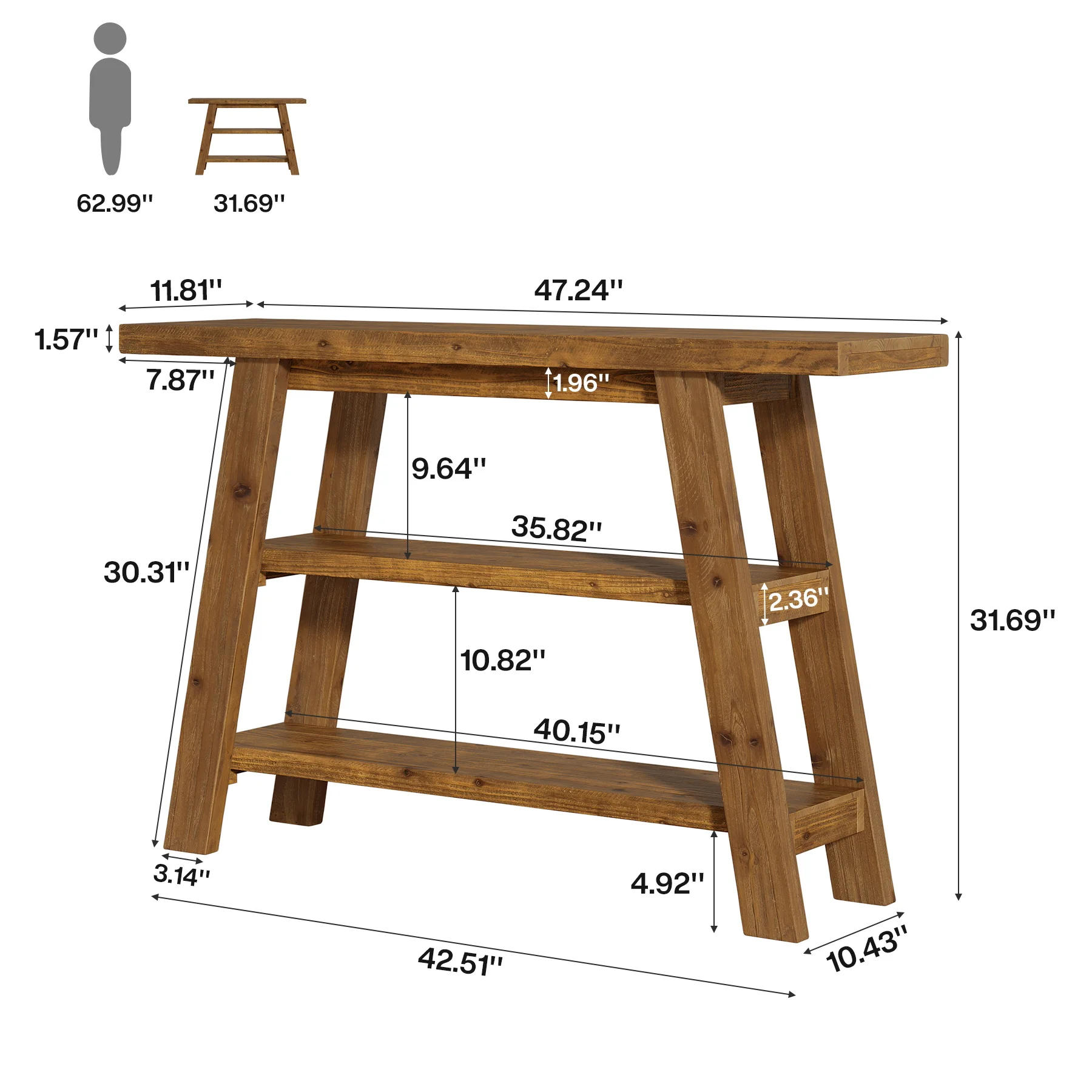 Solid Wood Console Table, 47.24" Farmhouse Narrow Entryway Table with 3-Tier Storage Shelves, Accent Sofa Table for Hallway, Foyer & Living Room (Retro Brown) view 3