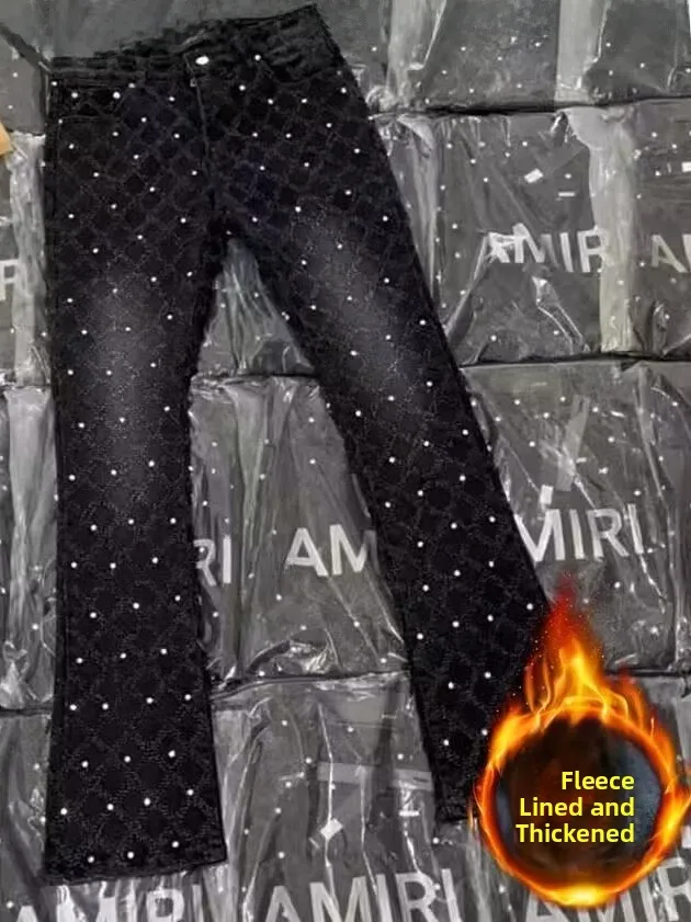 

Thiened Fce, осенне-зимние элитные джинсы, мужские облегающие брюки-клеш с заклепками, повседневная одежда, дышащая, износостойкая