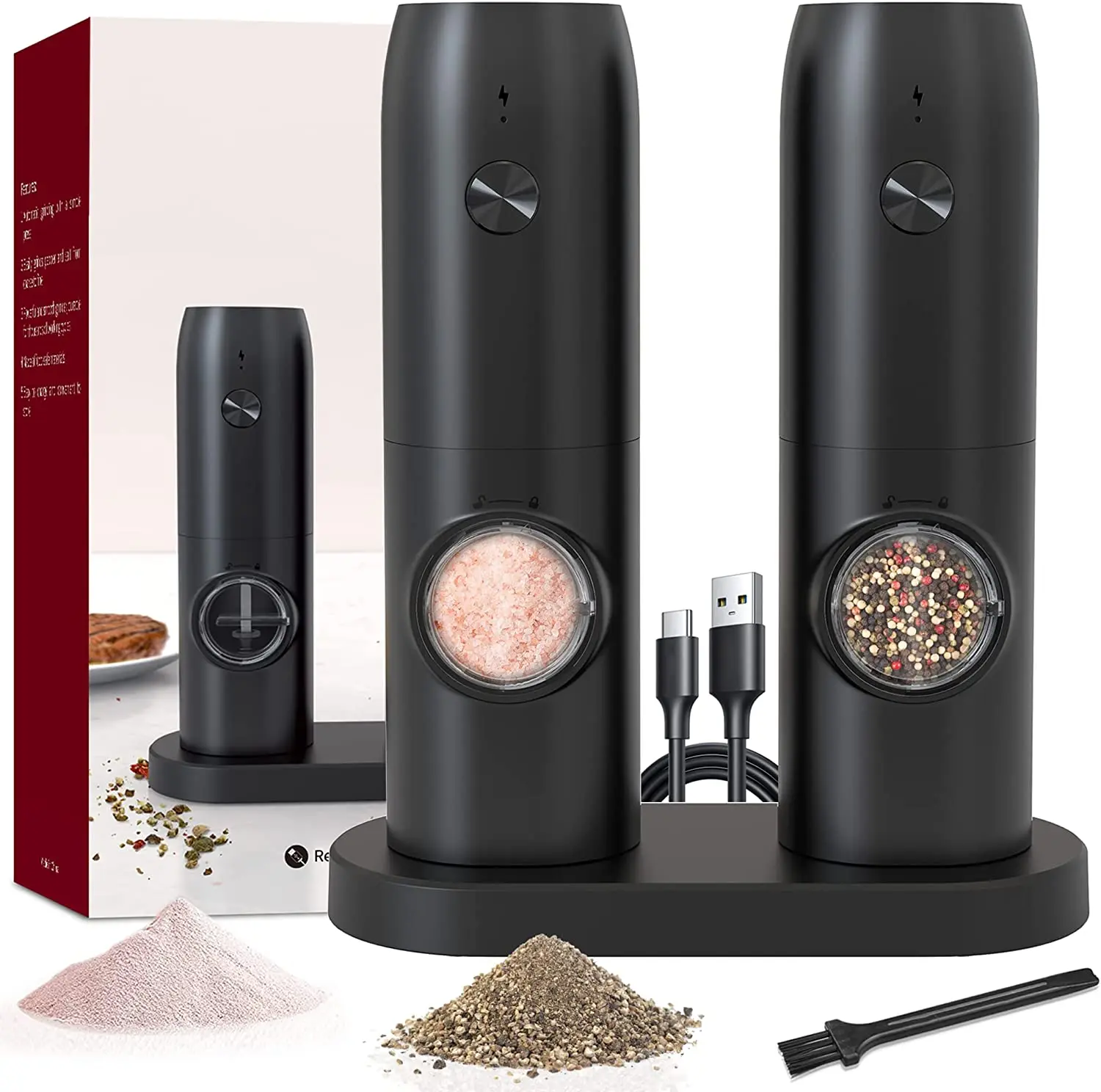 Automatic Pepper Grinder Salt And Pepper Grinder USB Rechargeable Adjustable Coarseness Spice Mill With LED Light Kitchen Tool