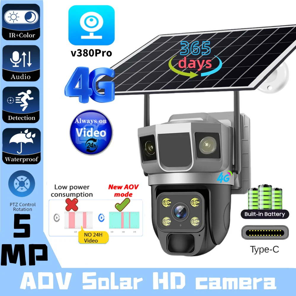 AOV Solar Camera 4G SIM Card Outdoor 5MP HD Security CCTV Waterproof Night Vision PIR Human Detect PTZ Camera with Solar Panel