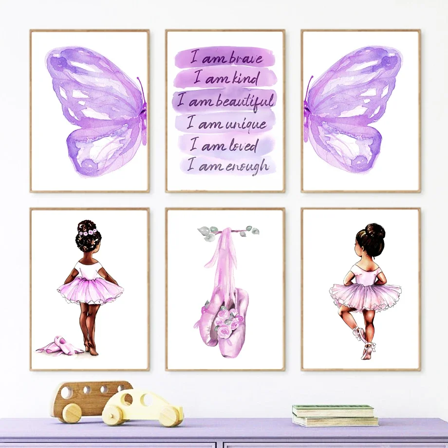 Watercolor Black Ballet Girl Shoes Butterfly Wing Purple Wall Art Prints Poster Canvas Painting Pictures Kids Room Nursery Decor