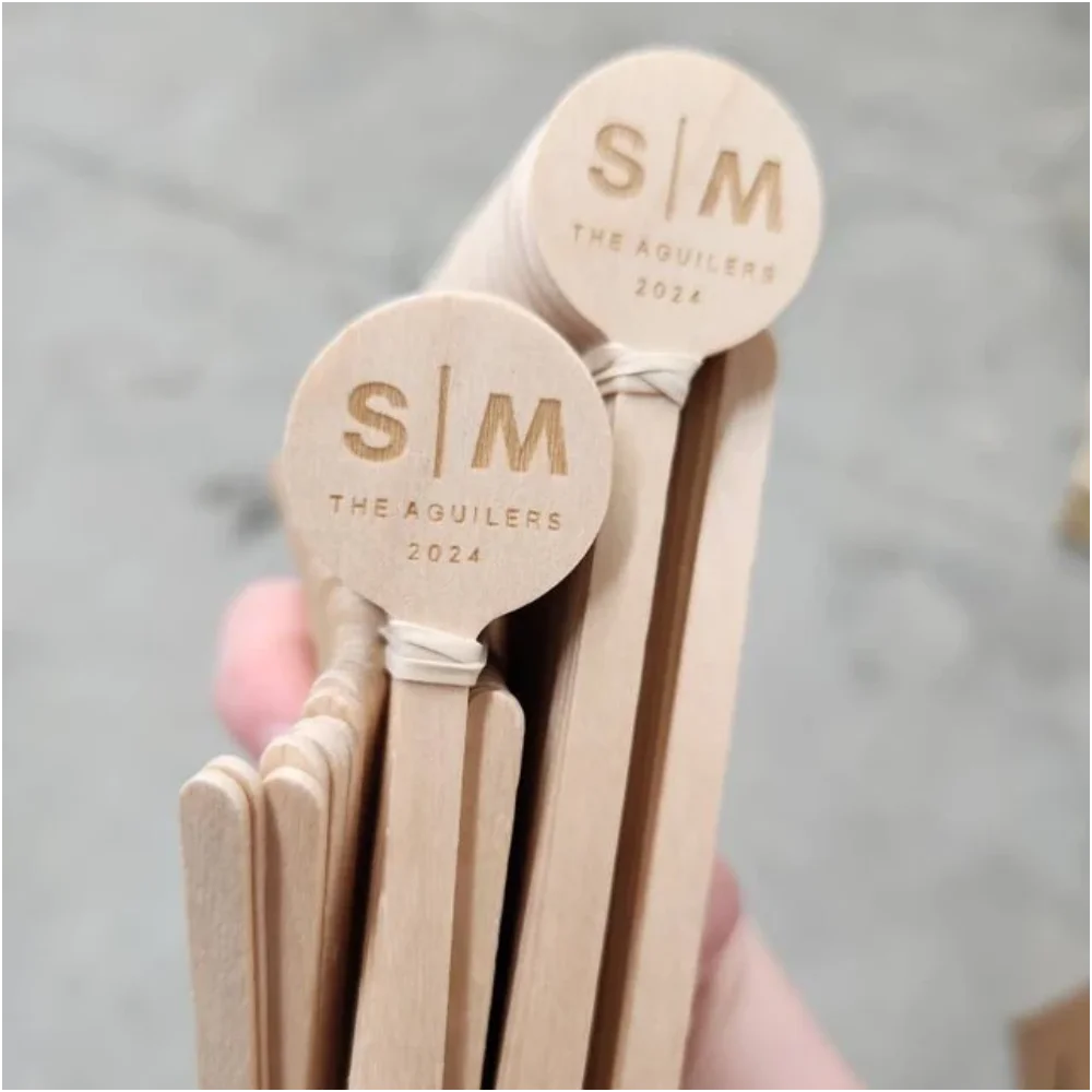 Set of 50 Custom Monogram Wood Engraved Stir Sticks, Personalized Cocktail Sticks, Wedding Engagement Drink Stirrers, Round Top