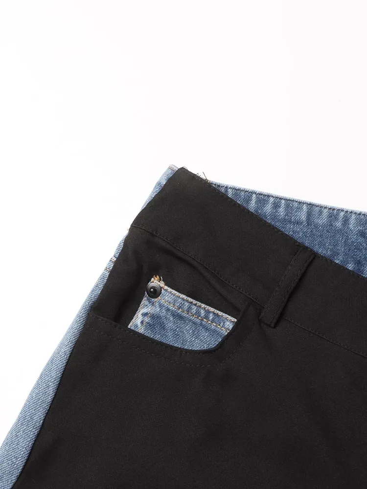 KBQ Hit Color Casual Straight Jeans For Women High Waist Spliced Pockets Loose Denim Floor Length Trousers Female Fashion Style