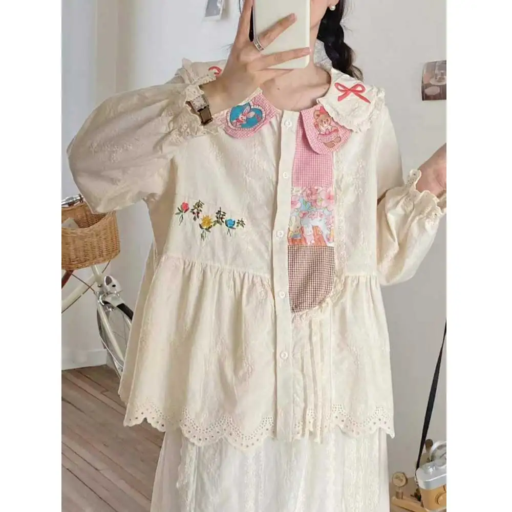 Japanese Sweet Mori Girl Cartoon Bear Floral Embroidery Plaid Shirts Women Cute Peter Pan Collar Long Sleeve Casual Blouse Tops