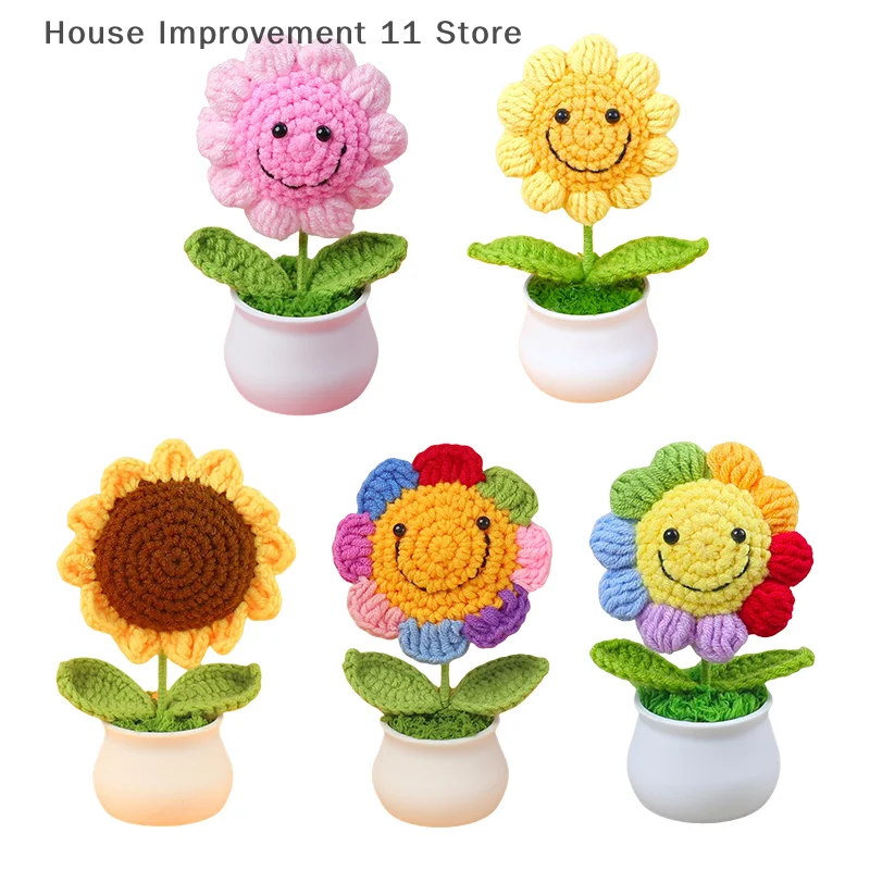 1 Piece Creative Artificial Flowers Cute Crochet SunFlower Pots Knitted Flower Graduation Flower Car Home Decoration Gift