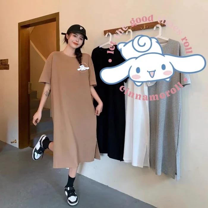 Miniso T-shirt Dress Sanrio Cinnamoroll Girl Women Super Lone Style Loose Large Size 40-90kg Browncolour Shortsleeved Soft Skirt