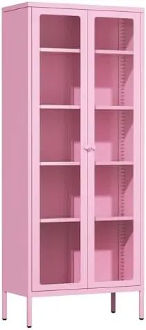 Metal Storage Cabinet with Glass Doors, Display Curio Glass Cabinet with 4 Adjustable Shelves, Tall Modern Office