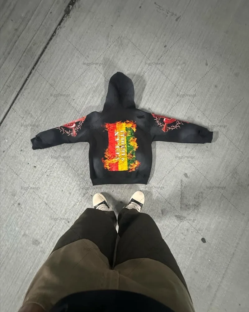 2025 Trendy Brand Hip-hop Punk Streetwear Gothic Harajuku Retro Zipper Hoodie Men High Street Punk Casual Oversized Sweatshirt