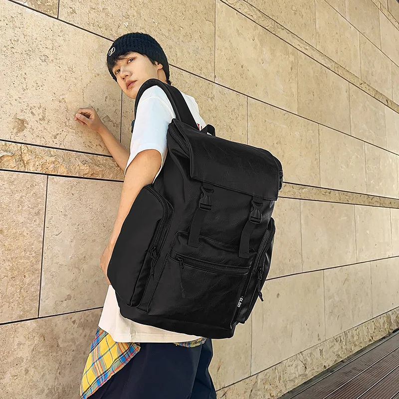 Cool Trendy Solid Color Men's Backpack Casual Large Capacity Multi-Pocket Backpack Personality Versatile Leather Shoulder Bag