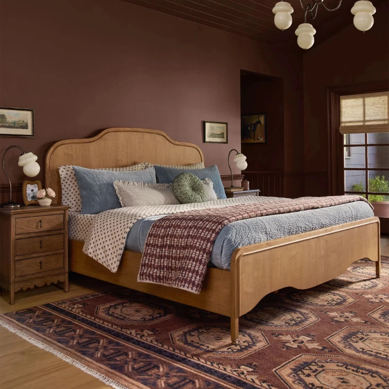American country curved bedside board bed, country style simple wavy bedside board double bed