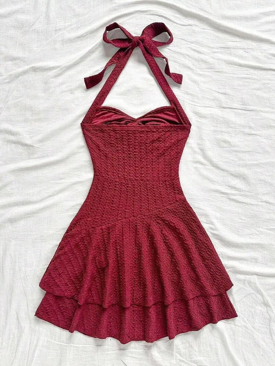 

Red Halter Neck Mini Dress With Bow Tie Ruched Hem Double Layer For Party Date Summer