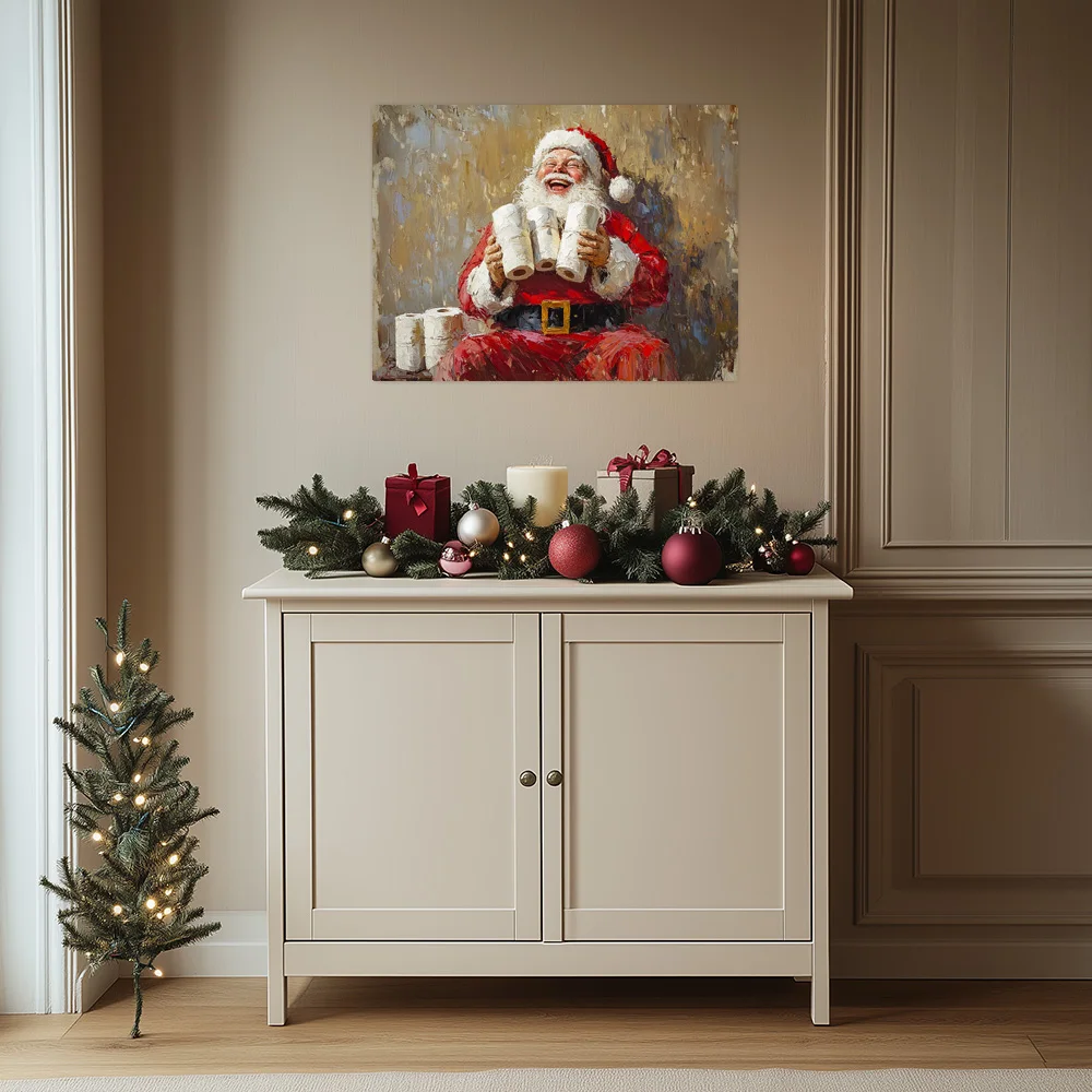 1pc,Santa Claus Sat There, Holding A Few Rolls Of Toilet Paper And Smiling Happily A, Modern Canvas Wall Art,  Framed, 16x12inch