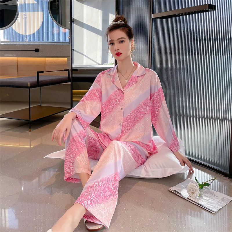 Sexy Pajamas Suit Print Home Clothing 2PCS Shirt&Pants Sleep Set Women Homewear 2022 New Sleepwear Loose Kimono Robe Nightwear