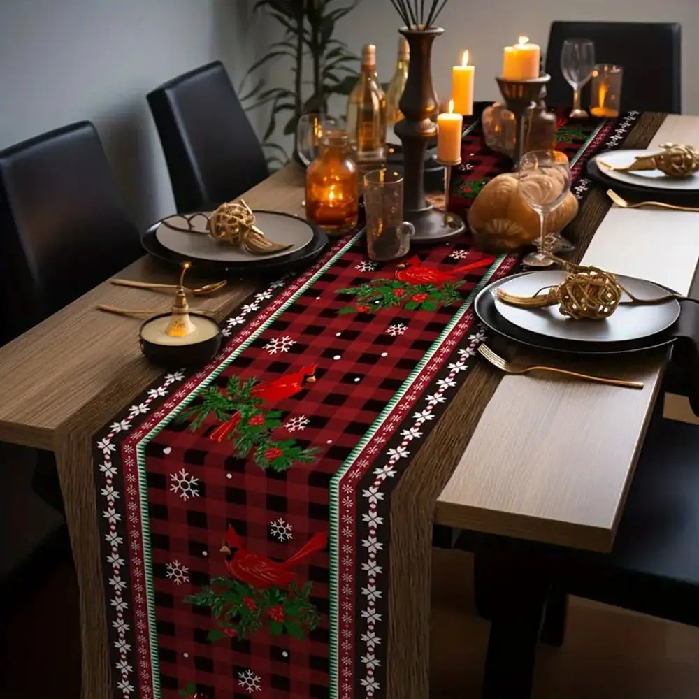 Poinsettia Flower Pattern Christmas Table Runner Long Length Linen Material Table Decor Cloth Holiday Print Design