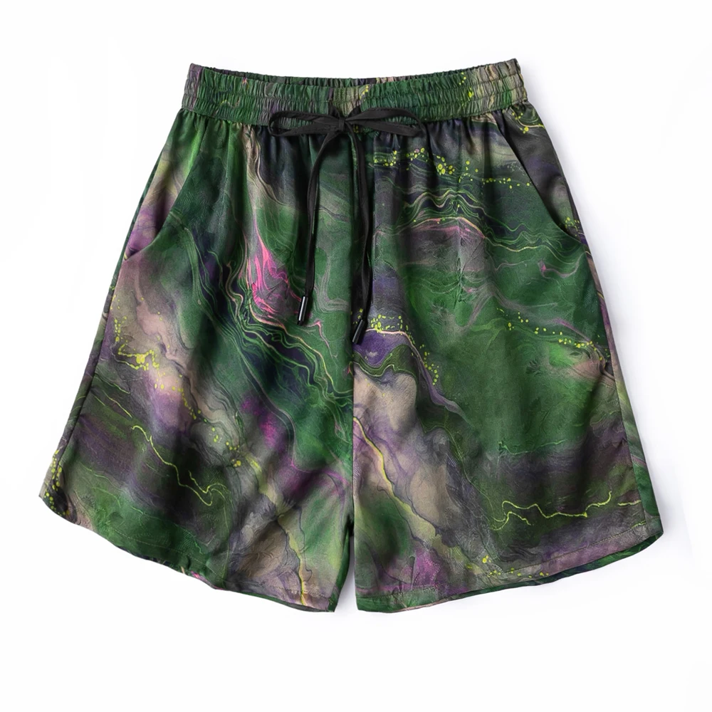Green Gradient 100% Natural Mulberry Silk Jacquard Gambiered Guangdong Gauze Elastic Waist Versatile Women's Fashion Shorts