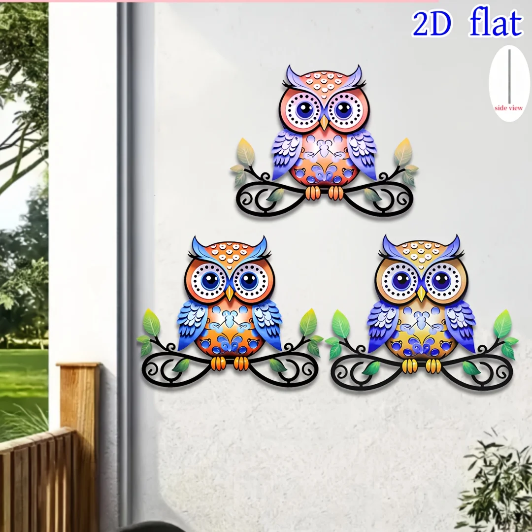 2D 3pcs Bohemian-style metal owl wall art decor - perfect for patios, courtyards, and outdoor fences in living rooms or bedrooms