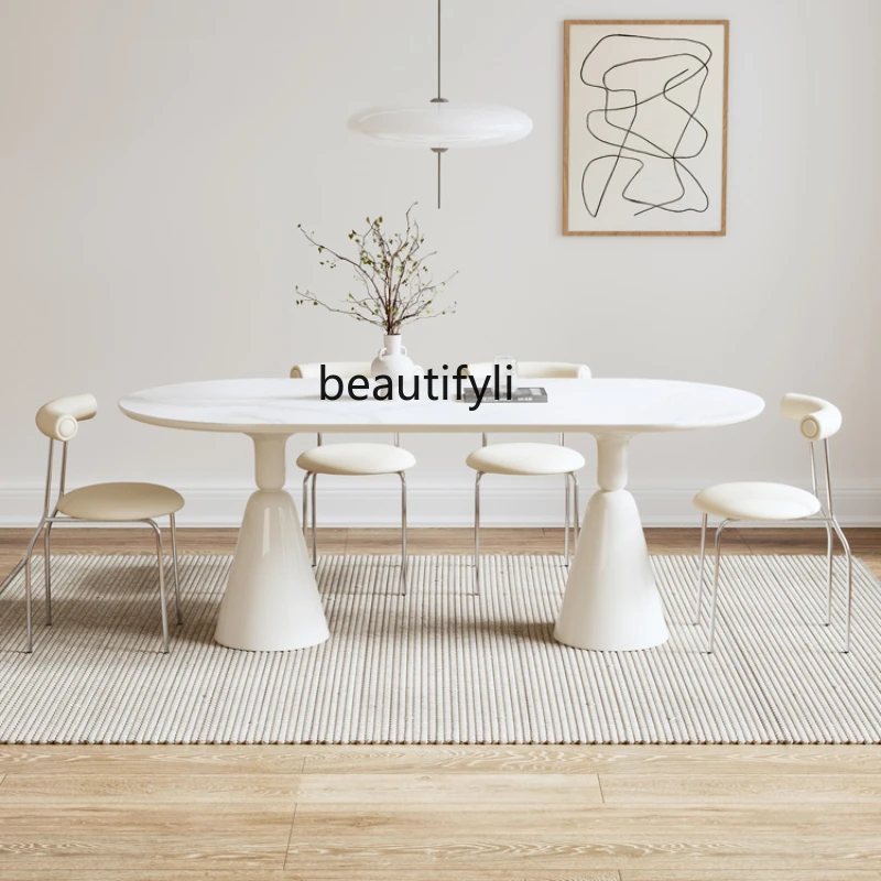 

French Cream Style Stone Plate Dining Table Household Dining Table and Chair Rectangular Dining Table