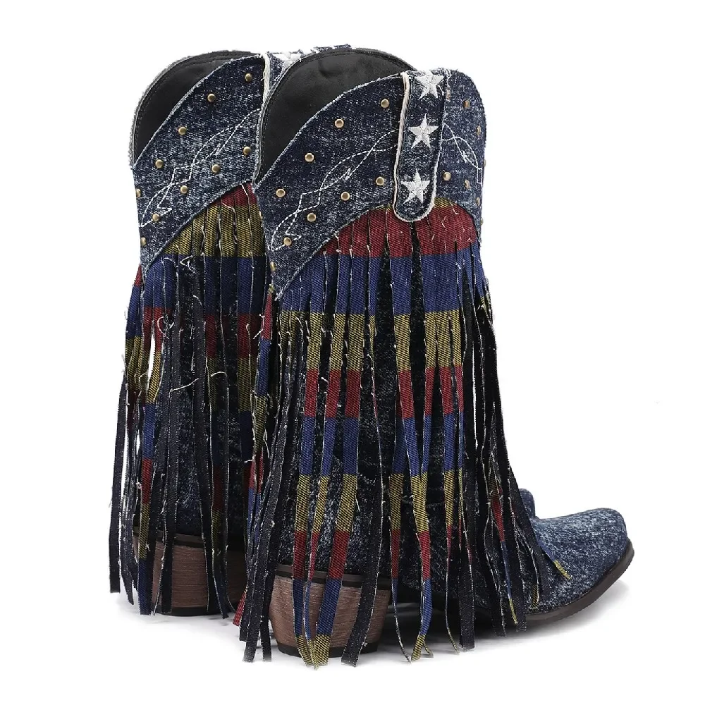 Fringe Western Women Mid-calf Boots Blue Denim High Heels Party Winter Cowgirl Warped Round Toe Slip-on Rivet Tassel Half Boots