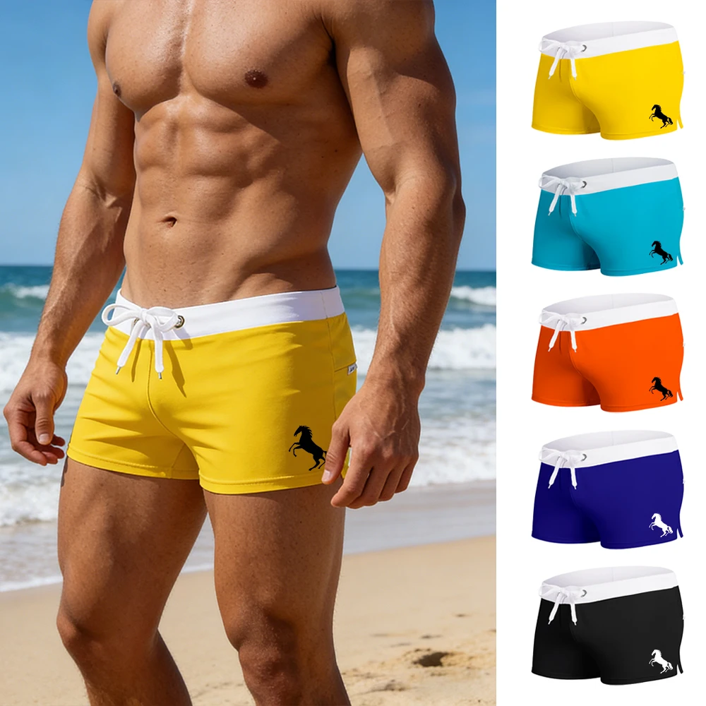 

Летняя горячая распродажа: мужские повседневные плавки с принтом лошади, на шнурке, эластичные, быстросохнущие, с сетчатой подкладкой и карманами на молнии